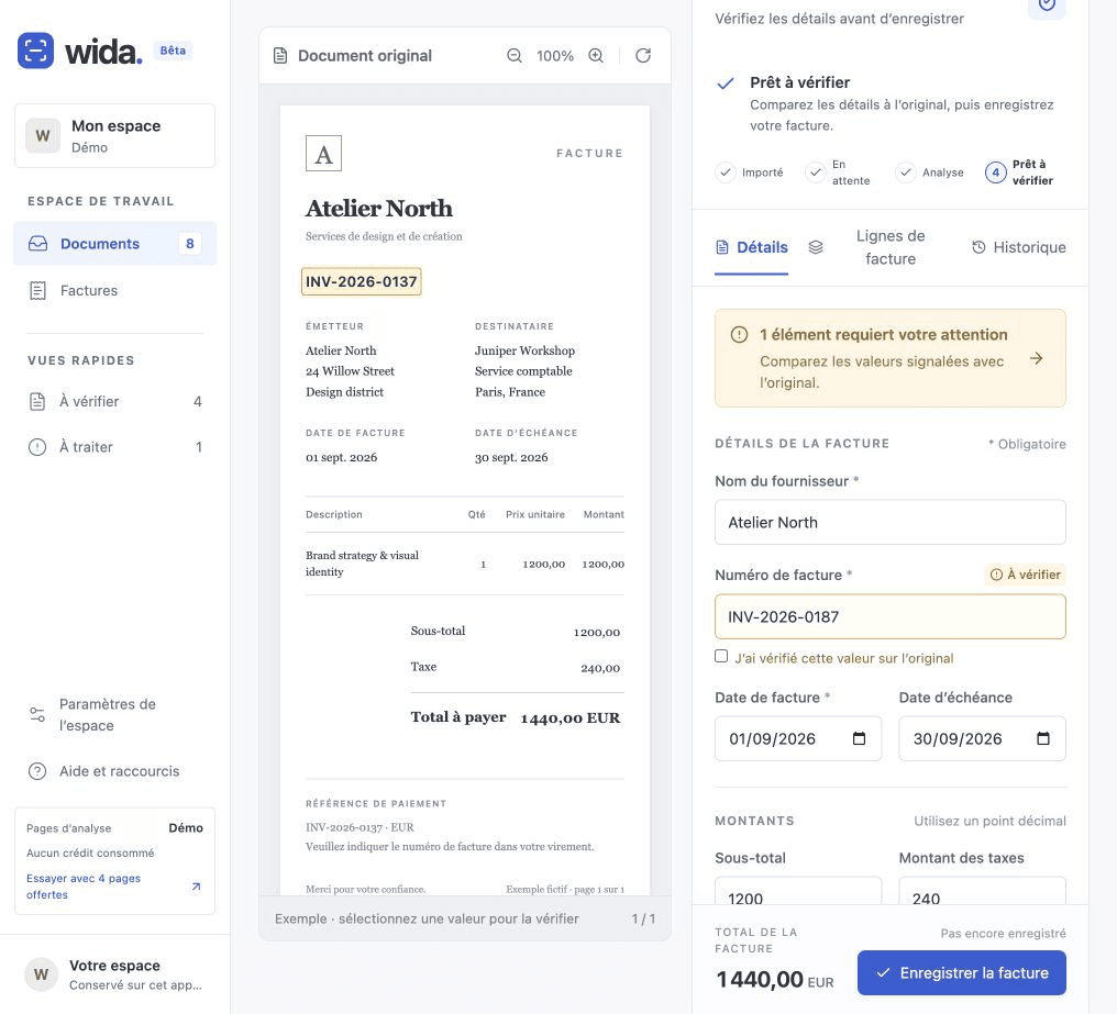 Wida shows an original invoice beside editable extracted fields, with an uncertain invoice number flagged for review.